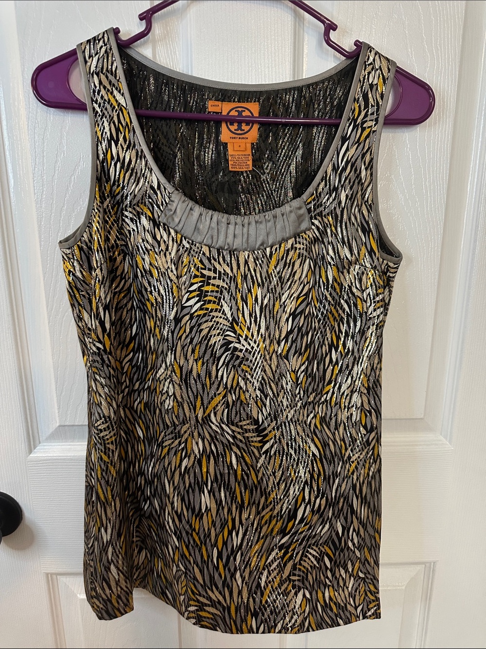 Tory Burch Gray, Black and Yellow Printed Scoop Neck Tank